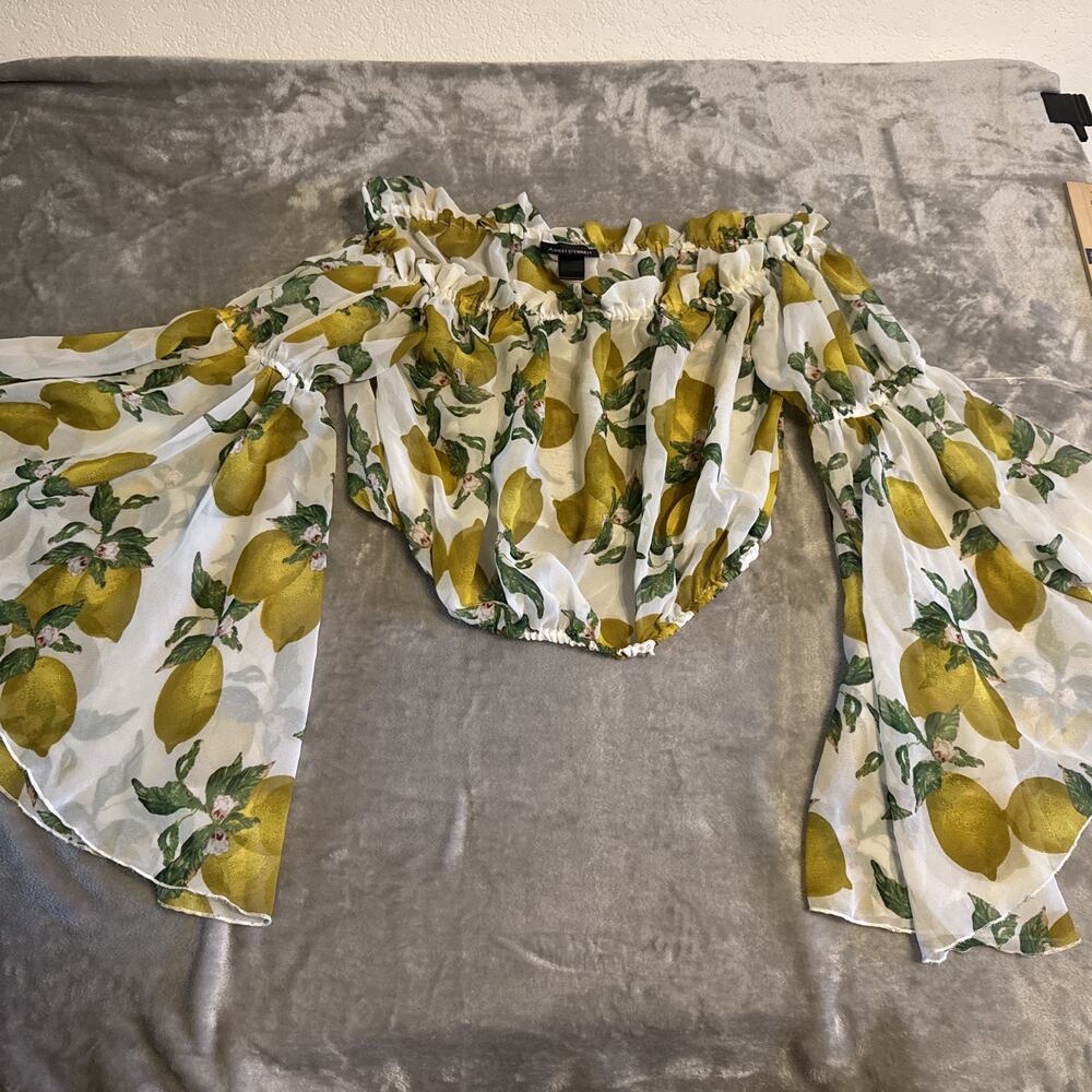 Ashley Stewart Sheer Lemon Print Off Shoulder Blouse Top 14/16 Plus Flowy Sleeve - Picture 10 of 10